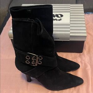 Black Suede Mid-Calf Heeled Boots with Decorative Buckle